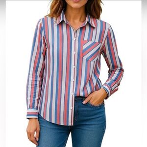 CROWN & IVY Womens Sz XL Pink L/S Striped Button Up Collared Shirt Blouse